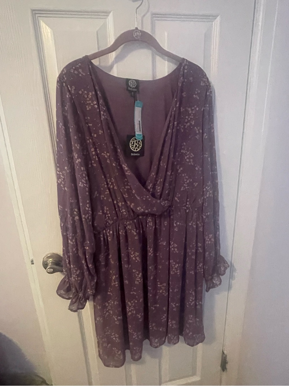 Bobeau Dusty Purple Floral Adrienne Chiffon  Surplice Long Sleeve Dress